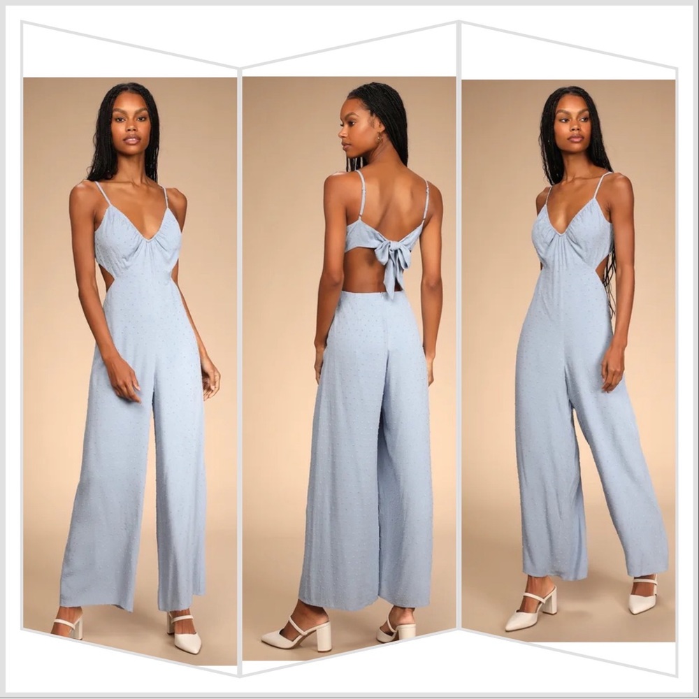 Darling Ties Light Blue Swiss Dot Tie-Back Wide-Leg Jumpsuit